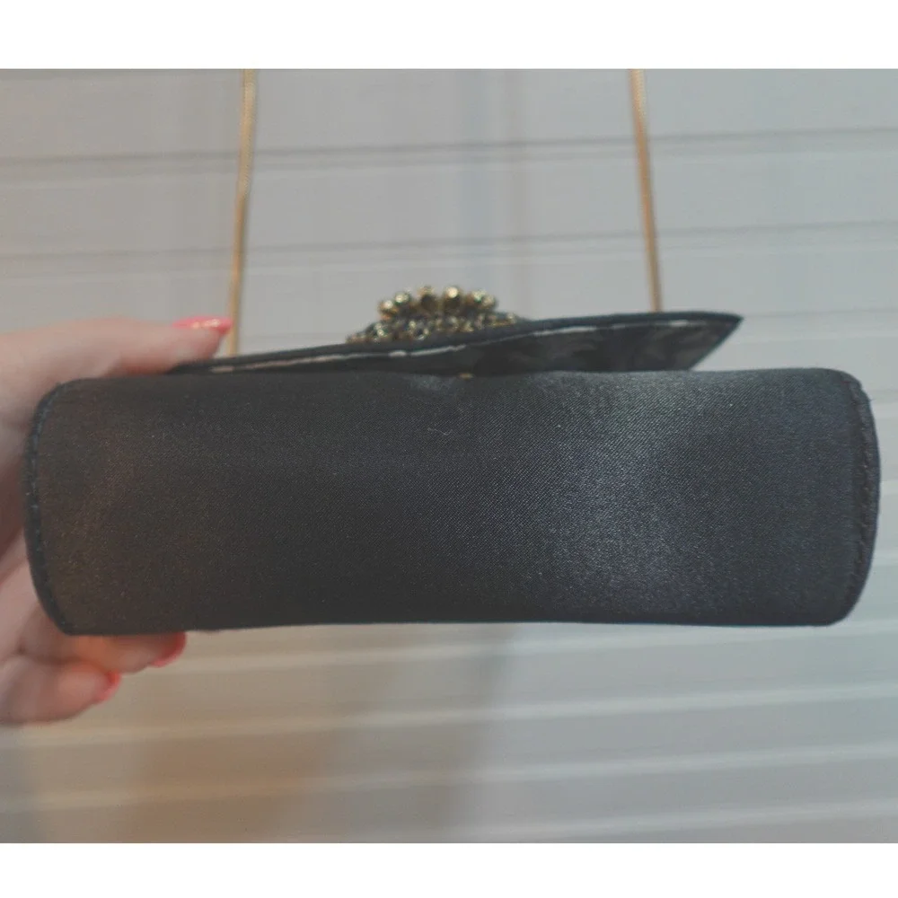 Ted Baker Gem Brooch Clutch Purse Black Satin Gold Tone Chain Rhinestone Flower